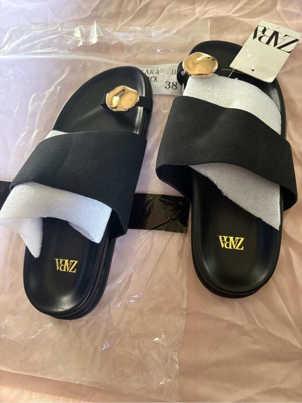 ZARA Black and Silver Slide Sandals with Gold Accent